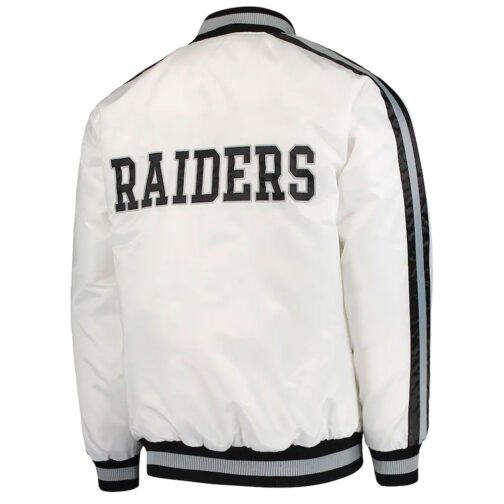 Throwback D-Line Las Vegas Raiders White Satin Jacket - Image 2