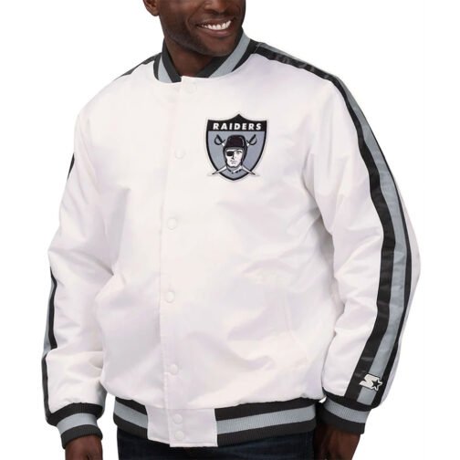 Throwback D-Line Las Vegas Raiders White Satin Jacket - Image 4