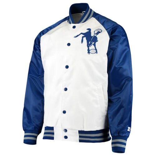 Indianapolis Colts Throwback White/Blue Varsity Satin Jacket - Image 3