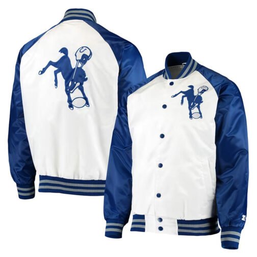 Indianapolis Colts Throwback White/Blue Varsity Satin Jacket - Image 4