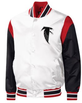 Atlanta Falcons Throwback Warm Up Pitch Varsity White Satin Jacket