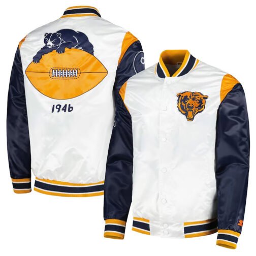 White/Navy Throwback Warm Up Pitch Chicago Bears Satin Jacket - Image 3