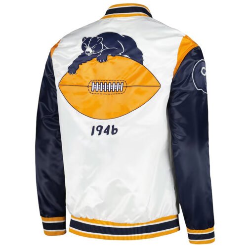 White/Navy Throwback Warm Up Pitch Chicago Bears Satin Jacket - Image 2
