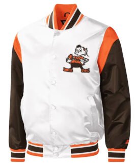 Cleveland Browns Throwback Pitch Varsity White and Brown Satin Jacket