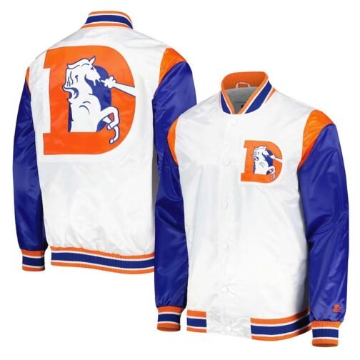 Throwback Warm Up Pitch Denver Broncos White Satin Jacket - Image 3