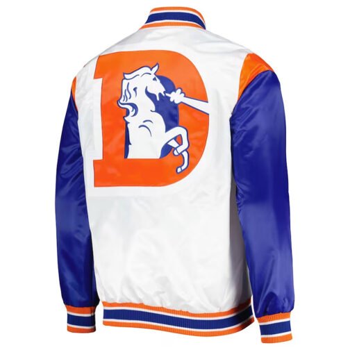 Throwback Warm Up Pitch Denver Broncos White Satin Jacket - Image 2