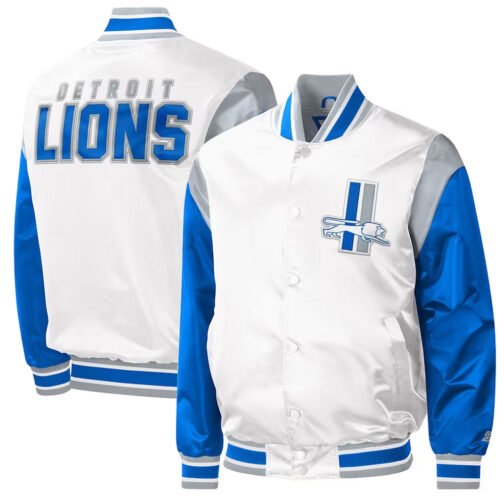 Throwback Warm Up Pitch Detroit Lions Varsity Satin Jacket - Image 3