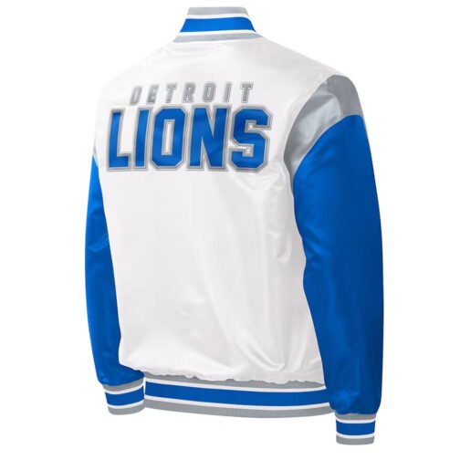Throwback Warm Up Pitch Detroit Lions Varsity Satin Jacket - Image 2