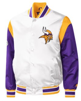 Minnesota Vikings Throwback Warm Up Pitch Varsity White/Purple Satin Jacket