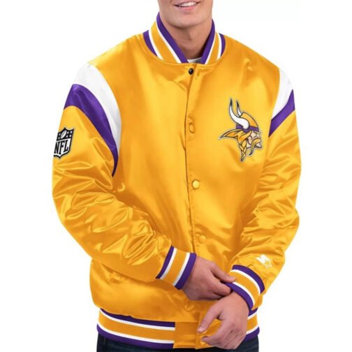 Minnesota Vikings Throwback Warm Up Pitch Varsity White/Purple Satin Jacket - Image 2
