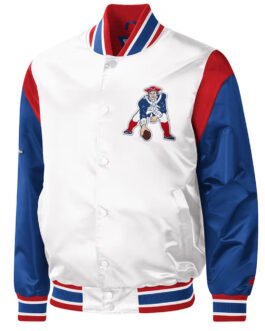 New England Patriots Throwback Warm Up Pitch Varsity White Satin Jacket