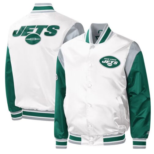 NY Jets Throwback Warm Up Pitch Varsity Satin Jacket - Image 3