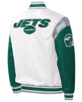 NY Jets Throwback Warm Up Pitch Varsity Satin Jacket