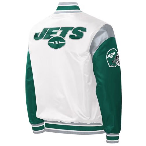 NY Jets Throwback Warm Up Pitch Varsity Satin Jacket - Image 2