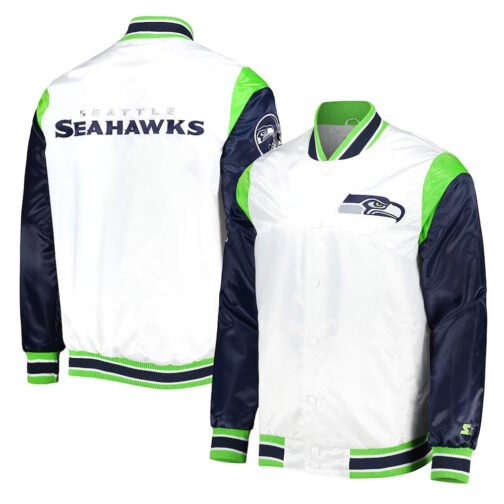 Seattle Seahawks Throwback Warm Up Pitch Varsity Satin Jacket - Image 3