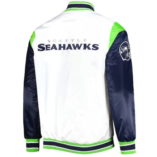Seattle Seahawks Throwback Warm Up Pitch Varsity Satin Jacket - Image 2