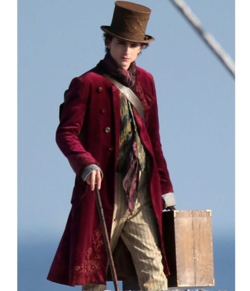 Timothée Chalamet Wonka Maroon Velvet Coat - Image 2