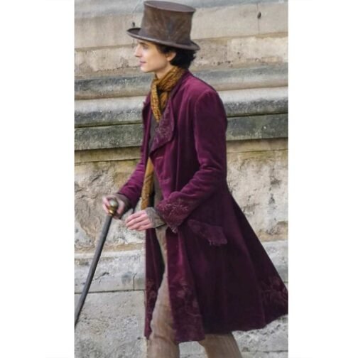 Timothée Chalamet Wonka Maroon Velvet Coat - Image 11