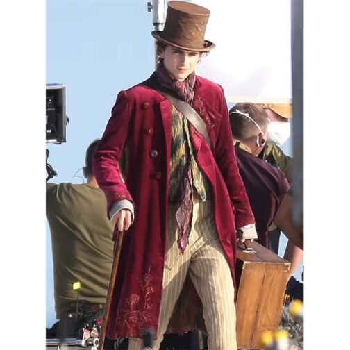 Timothée Chalamet Wonka Maroon Velvet Coat - Image 6