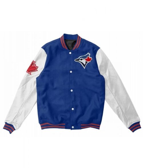 MLB Toronto Blue Jays Full Snap Blue and White Varsity Wool/Leather Jacket