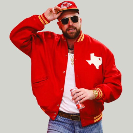 Travis Kelce Dallas Texans Red Varsity Wool Jacket - Image 5
