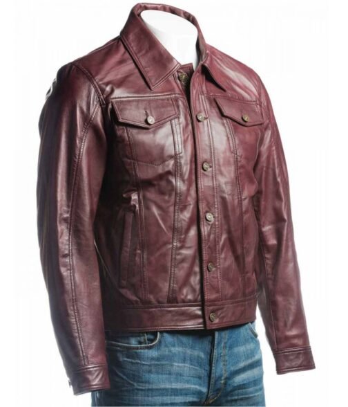 Burgundy Trucker Leather Jacket - Image 3