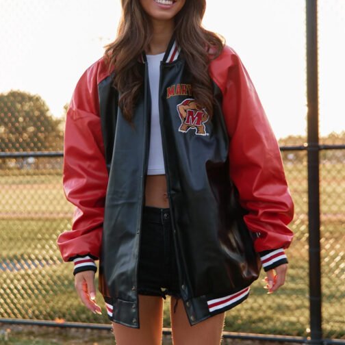 University of Maryland Red and Black Varsity Leather Jacket - Image 6