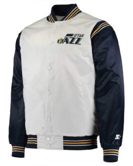 Utah Jazz Renegade Varsity White/Navy Satin Jacket