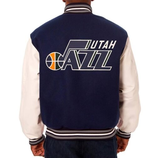 Utah Jazz Varsity Navy and White Jacket - Image 2