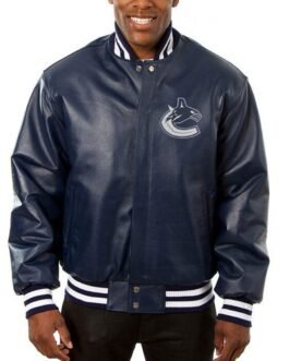 Vancouver Canucks Navy Blue Leather Varsity Jacket