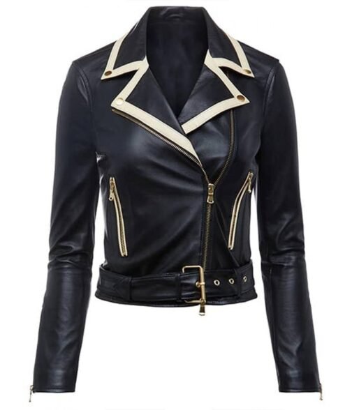 Vanessa Morgan Riverdale Biker Contrast Trim Leather Jacket - Image 5