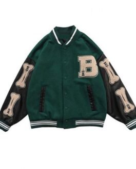 Skeleton Bad To The Bone Patchwork Varsity Wool/Leather Jacket