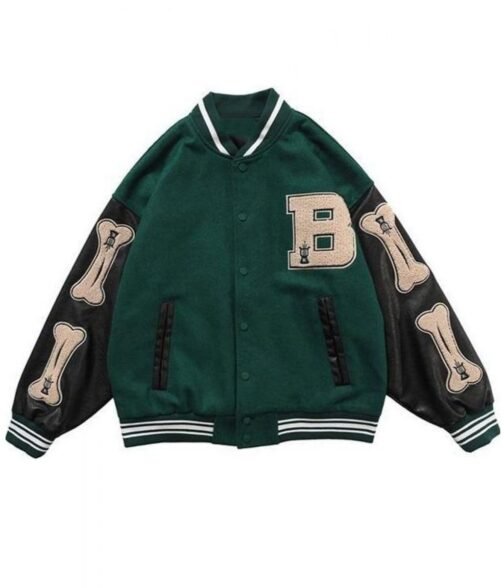 Skeleton Bad To The Bone Patchwork Varsity Wool/Leather Jacket
