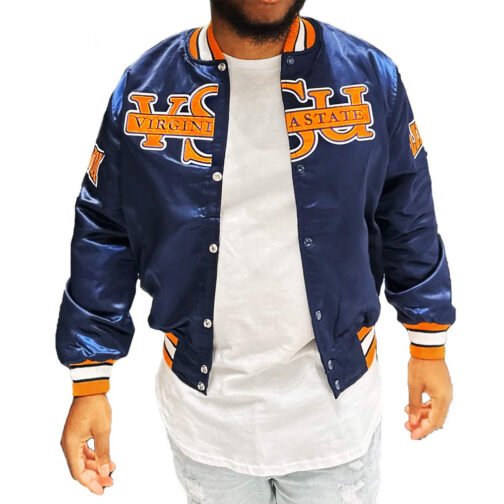 Men’s Blue Virginia State University Satin Bomber Jacket - Image 3