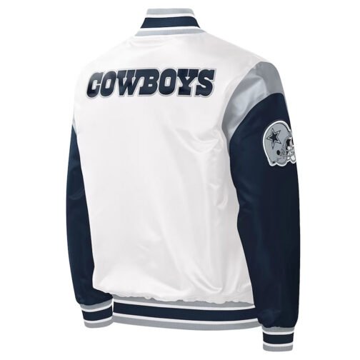Warm-Up Pitch Dallas Cowboys White and Blue Varsity Satin Jacket - Image 2
