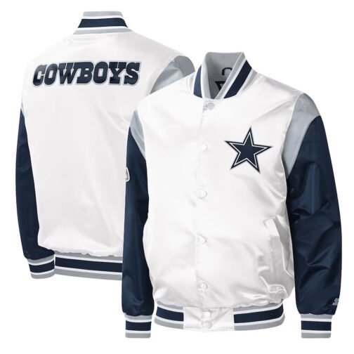 Warm-Up Pitch Dallas Cowboys White and Blue Varsity Satin Jacket - Image 3