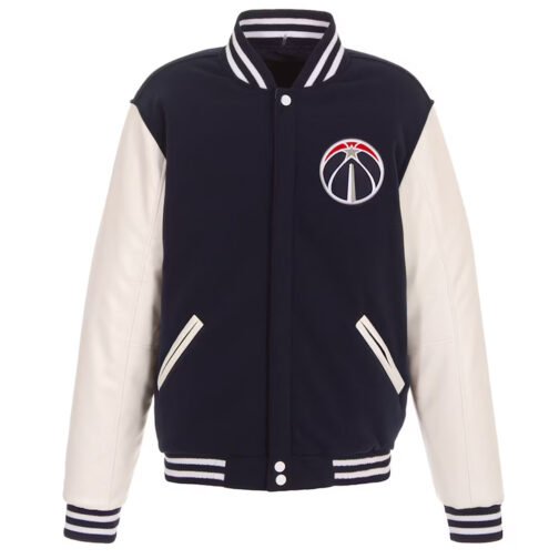 Washington Wizards Navy Blue and White Varsity Jacket