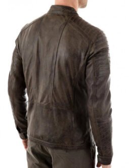 Men’s Quilted Shoulder Snap Tab Collar Waxed Brown Leather Biker Jacket