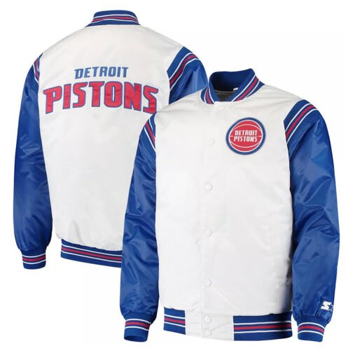 White/Blue Detroit Pistons Renegade Varsity Satin Jacket - Image 4