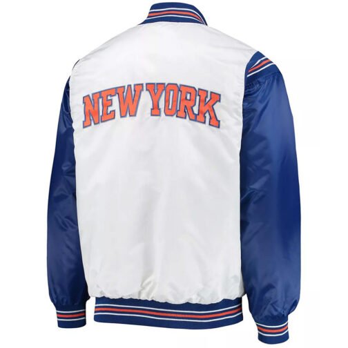 New York Knicks Renegade White/Blue Varsity Satin Jacket - Image 2