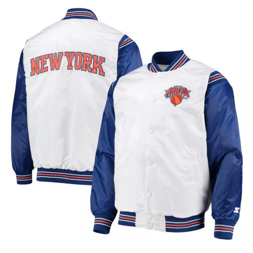 New York Knicks Renegade White/Blue Varsity Satin Jacket - Image 3