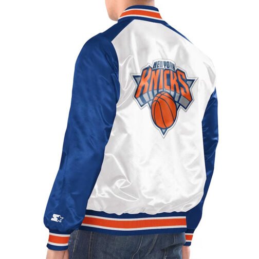 White/Blue New York Knicks Renegade Varsity Satin Jacket - Image 2