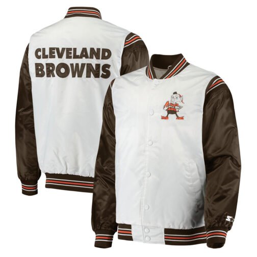 Cleveland Browns Historic Renegade White/Brown Satin Varsity Jacket - Image 5