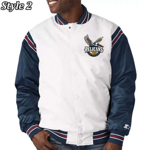 New Orleans Pelicans Renegade Varsity Satin White/Navy Jacket - Image 2