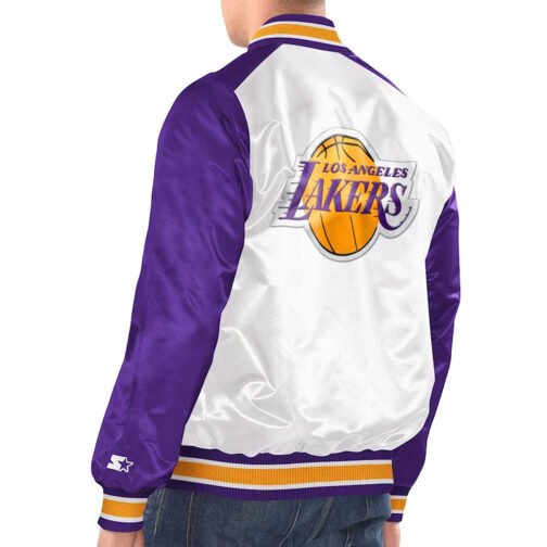White/Purple LA Lakers Renegade Varsity Satin Jacket - Image 2