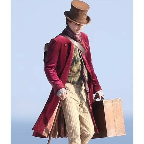 Timothée Chalamet Wonka Maroon Velvet Coat - Image 4