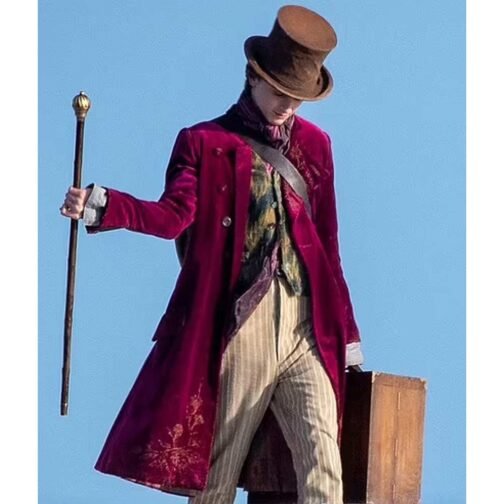 Timothée Chalamet Wonka Maroon Velvet Coat - Image 5