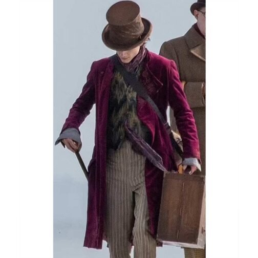 Timothée Chalamet Wonka Maroon Velvet Coat - Image 7