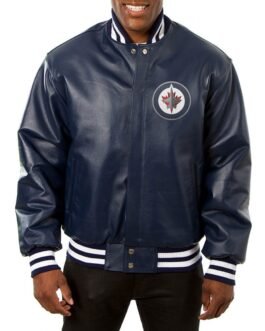 Varsity Winnipeg Jets Navy Blue Leather Jacket