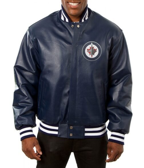 Varsity Winnipeg Jets Navy Blue Leather Jacket